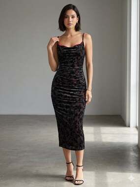 CIDER Floral Burnout Velvet Mesh Maxi Dress with Red Lining